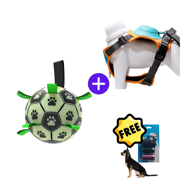 Set de paseo 3 en 1: Pelota Luminosa Verde (L)+ Arnés de Tracción para Perros (S)+ Bolsa de Residuos